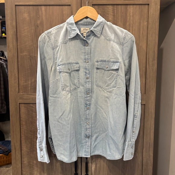 J.Crew Tops - J.Crew Denim Pearl Snap Western Shirt Light Wash Button Down Blue 6